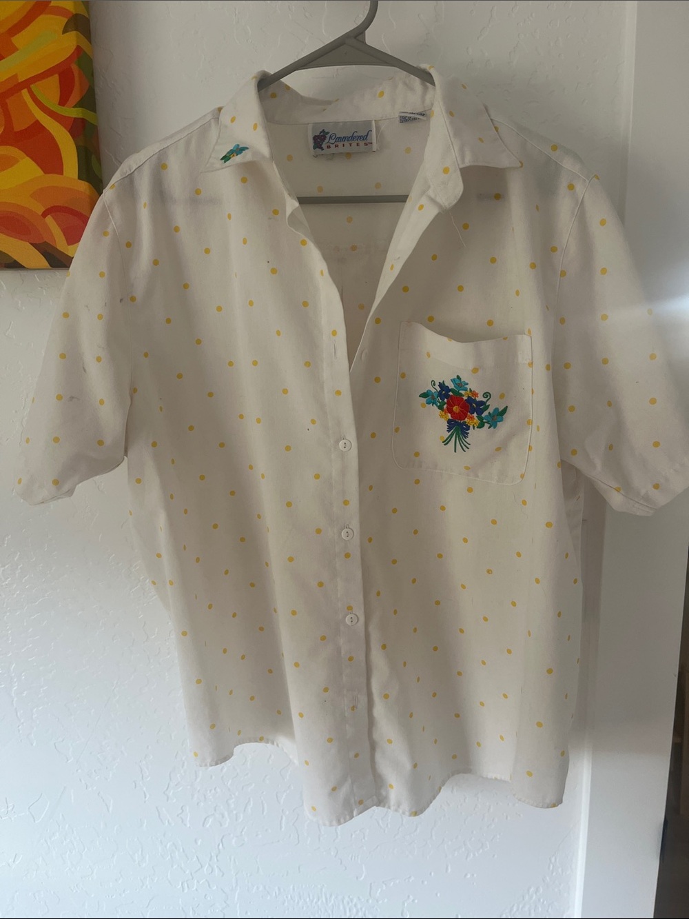 Embroidered Floral Pocket Short-Sleeve Shirt - White with Yellow Dots